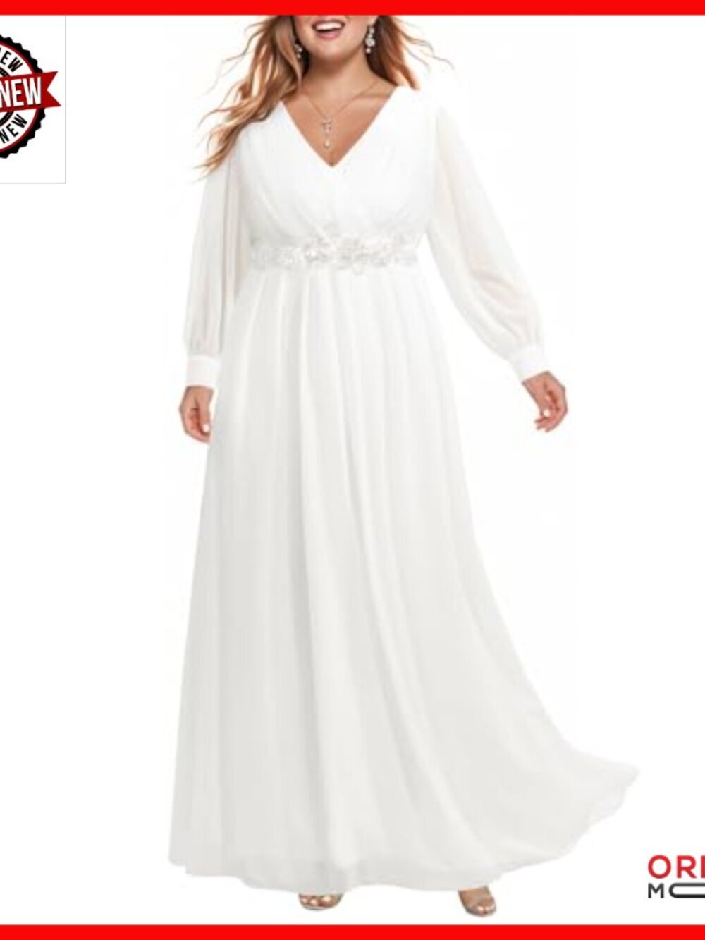 Plus Size Formal Evening Gown Long Sleeve Chiffon Maxi Dress Wedding - Picture 5 of 7
